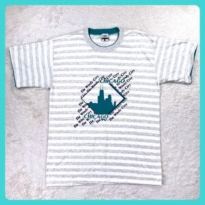 Vintage 90s Chicago T Shirt Men's LARGE White Gray Striped Gopher Sport USA Y2K‎